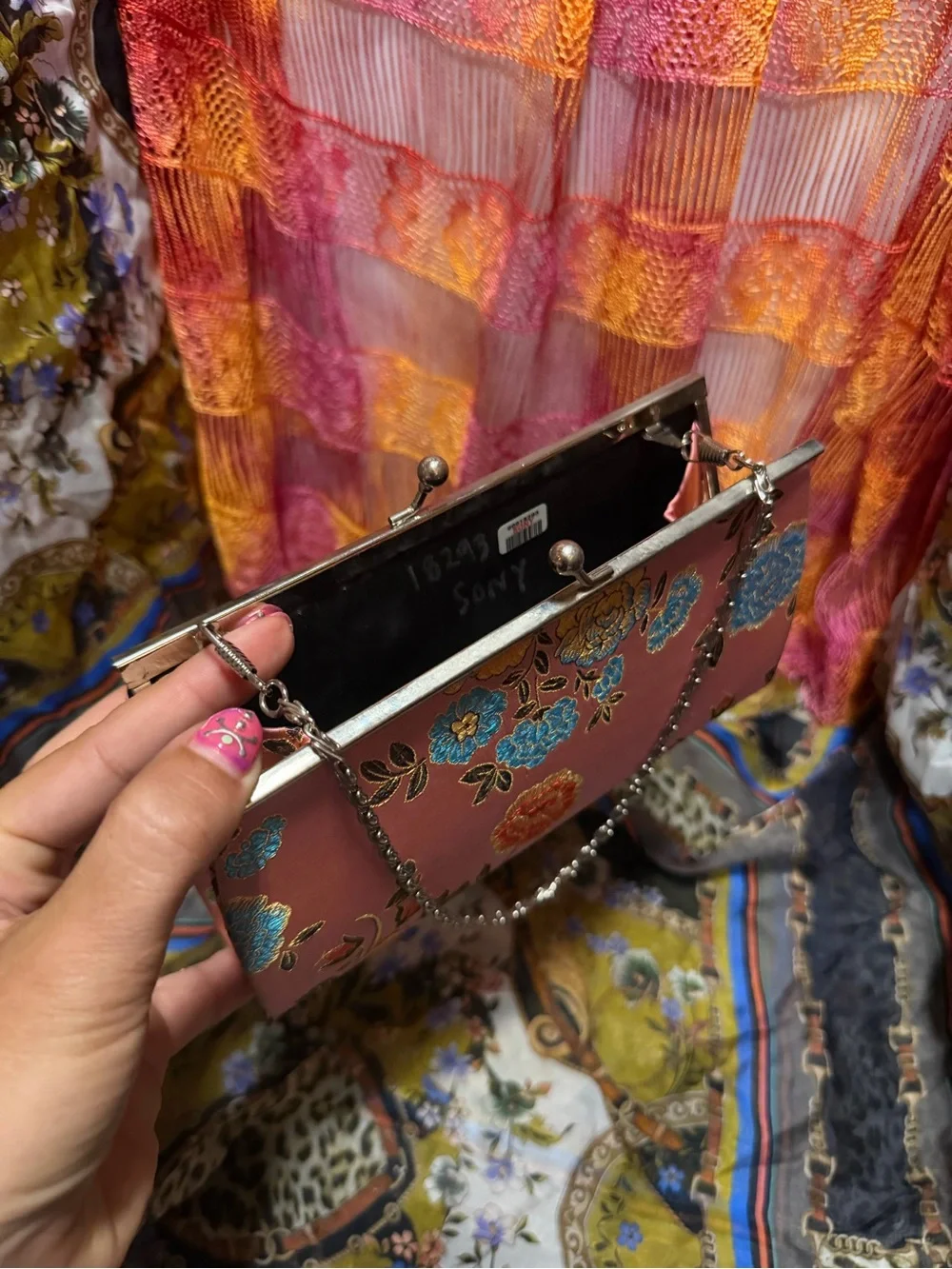 Pink Floral Satin Clutch Bag with Chain Strap